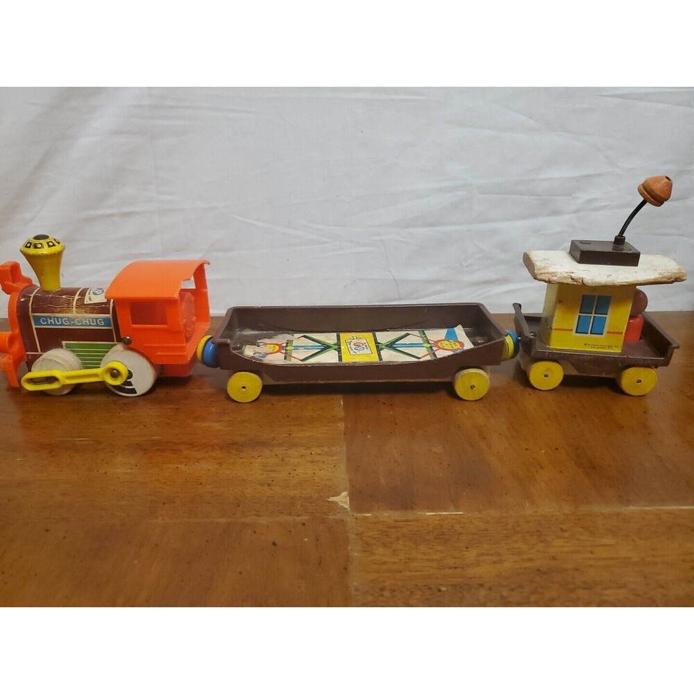 Fisher Price Vintage Chug Chug Wooden Train Toy 3 Piece Magnetic 1964 Vntg